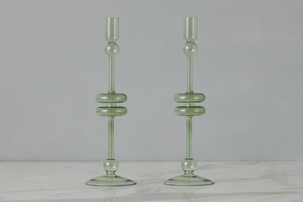 Sage Glass Candlestick Pair - Large