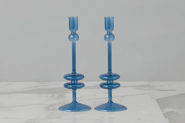 Sapphire Glass Candlestick Pair - Medium