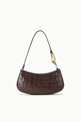 Brown crocodile-patterned handbag with a gold clasp on a white background