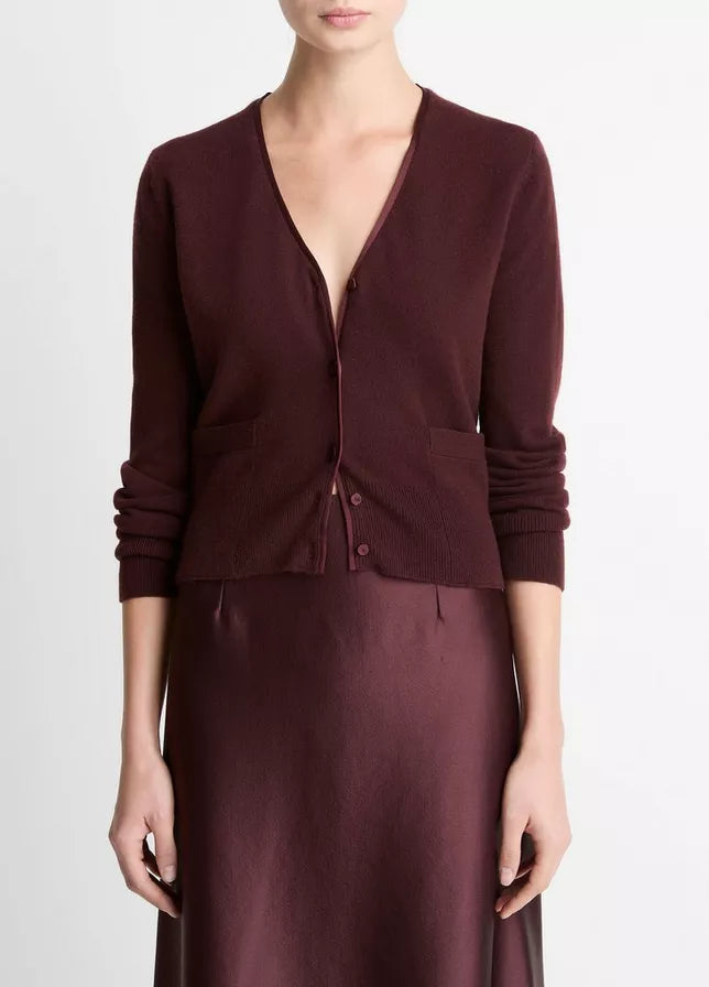 Vince -  Satin Button V-NK Cardi - Burgundy