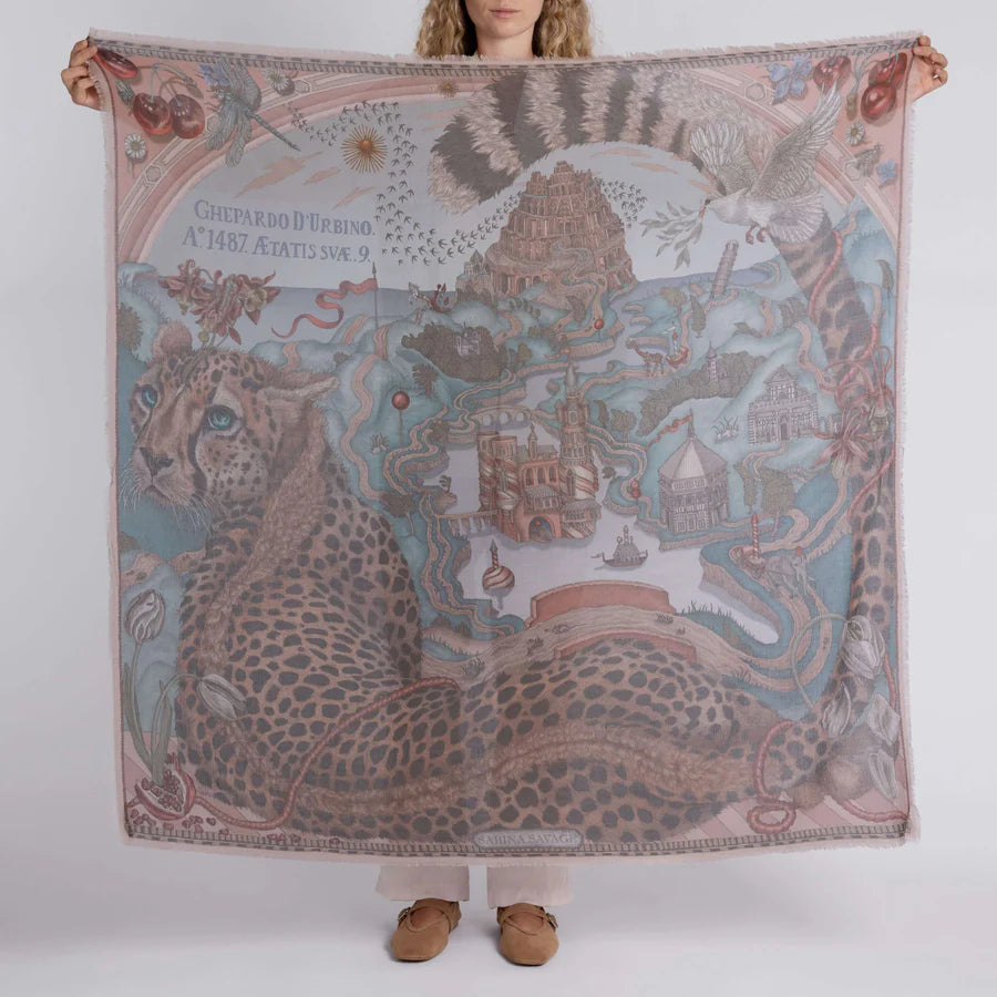 Sabina Savage - The Medici Cheetah Cashmere Shawl 135 - Morello/Mint
