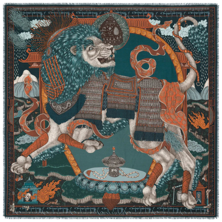 Sabina Savage - The Snow Lion Wool Silk Shawl - Turquoise/Saffron