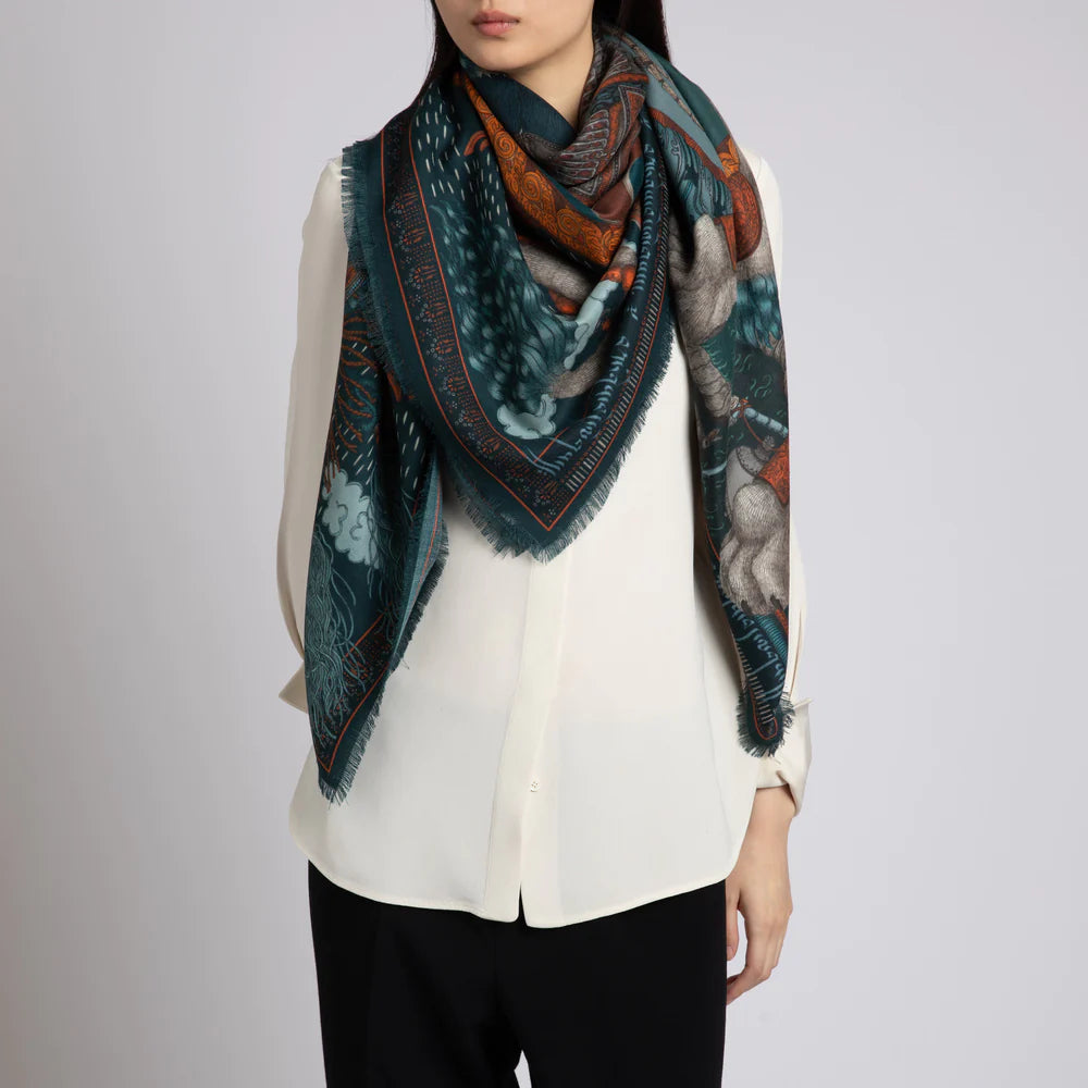 Sabina Savage - The Snow Lion Wool Silk Shawl - Turquoise/Saffron