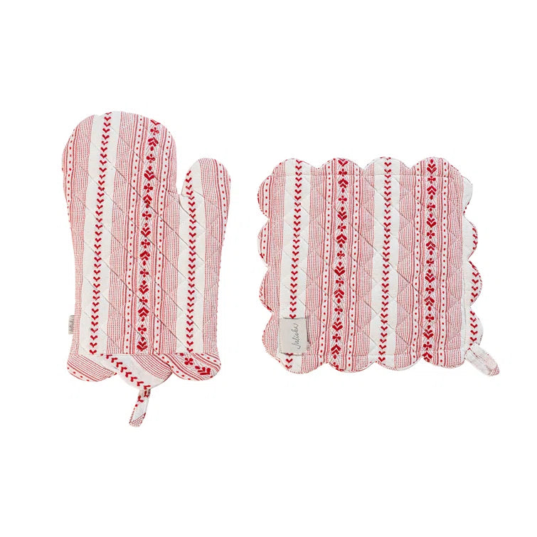 Juliska - Villa Stripe Oven Mitt & Pot Holder 2pc Set - Red/White
