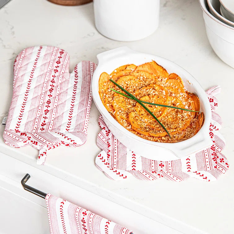 Juliska - Villa Stripe Oven Mitt & Pot Holder 2pc Set - Red/White