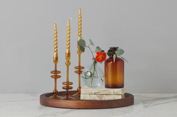 Amber Glass Candlestick Pair - Medium