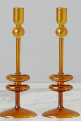 Amber Glass Candlestick Pair - Large