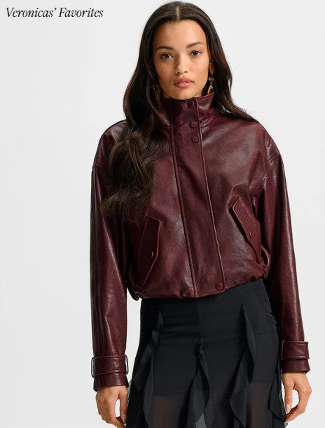 Veronica Beard - Bateman Cropped Leather Jacket - Raisin
