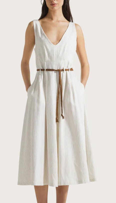 Seventy - Striped Linen Midi Dress - Bianco