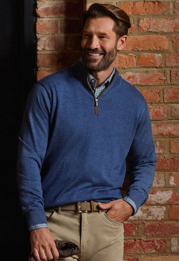 Peter Millar - Autumn Crest Suede Trim Quarter Zip - Blue Haze