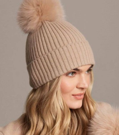 Alashan - 100% Cashmere Luxe Ribbed Fox Pompom Hat - Chai