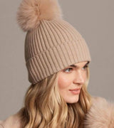 Alashan - 100% Cashmere Luxe Ribbed Fox Pompom Hat - Chai