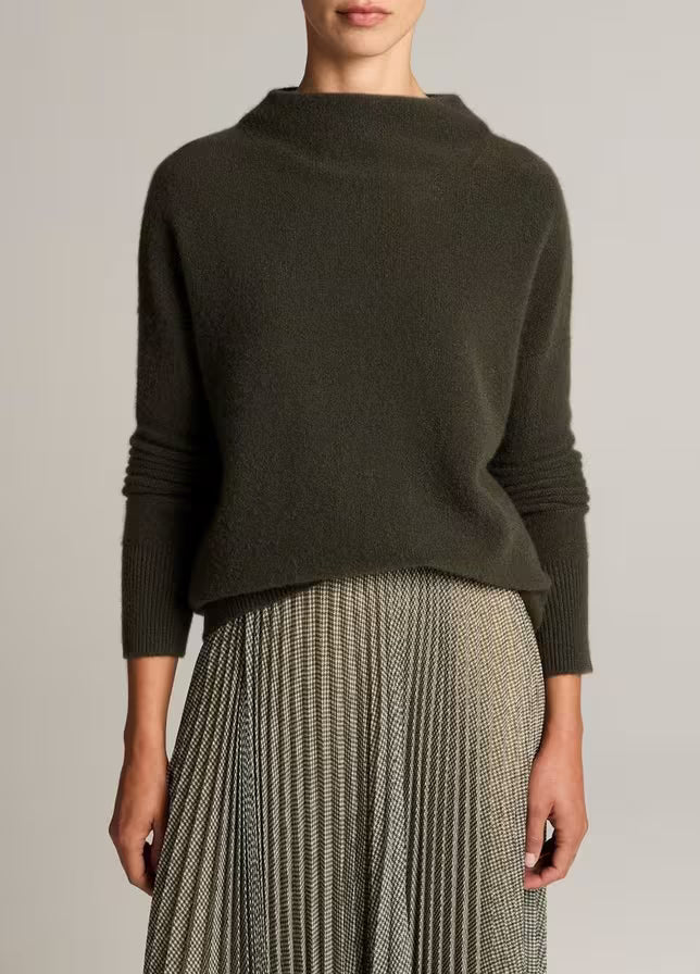 Vince- Boiled Funnel Neck Pullover- Dark Moss