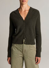 Vince- Boiled Long Sleeve V Neck Cardigan- Dark Moss