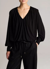 Vince- Long Sleeve V Neck Bubble Top- Black