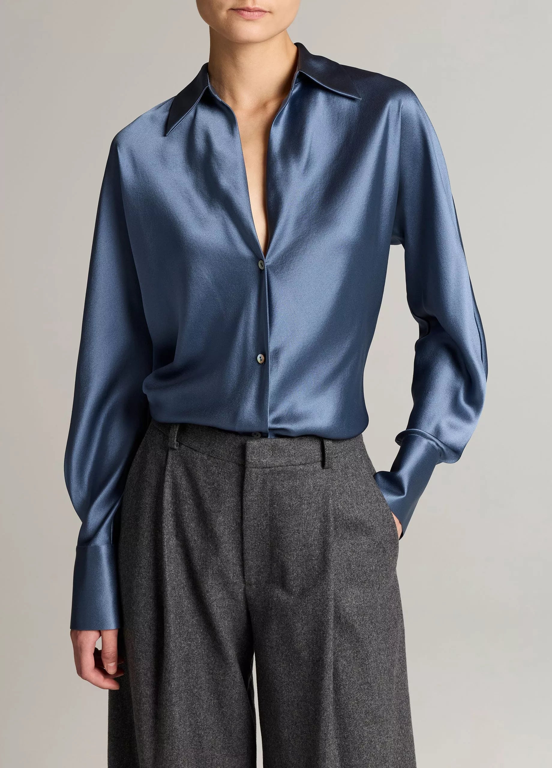 Vince- Bias Long Sleeve Blouse- Blue Slate
