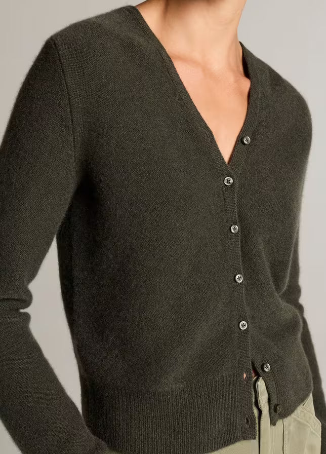 Vince- Boiled Long Sleeve V Neck Cardigan- Dark Moss