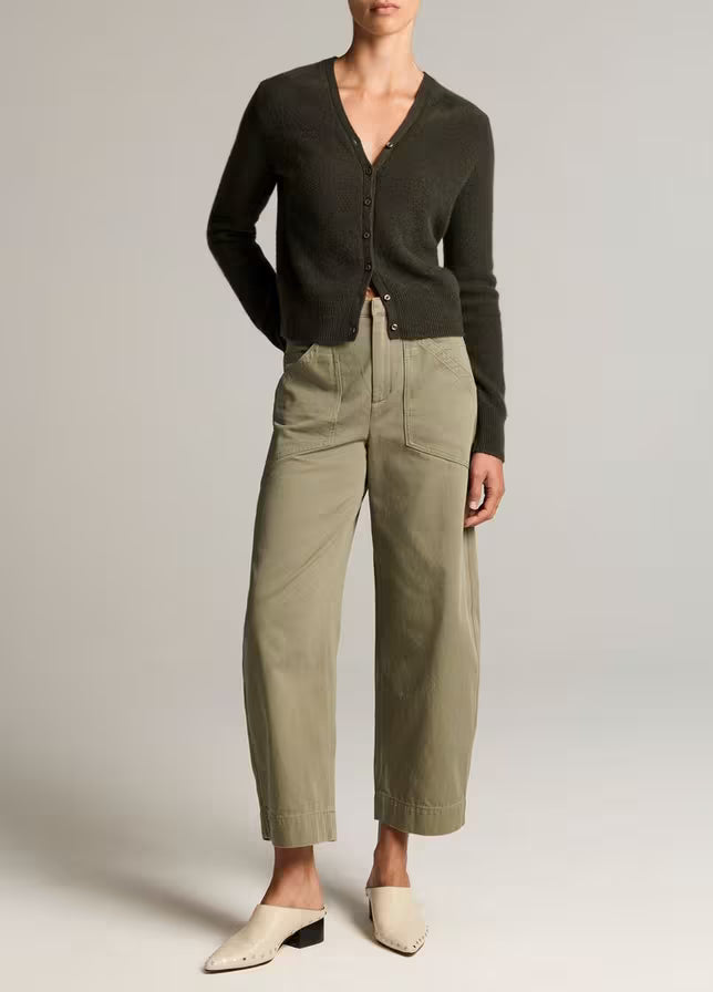 Vince- Boiled Long Sleeve V Neck Cardigan- Dark Moss