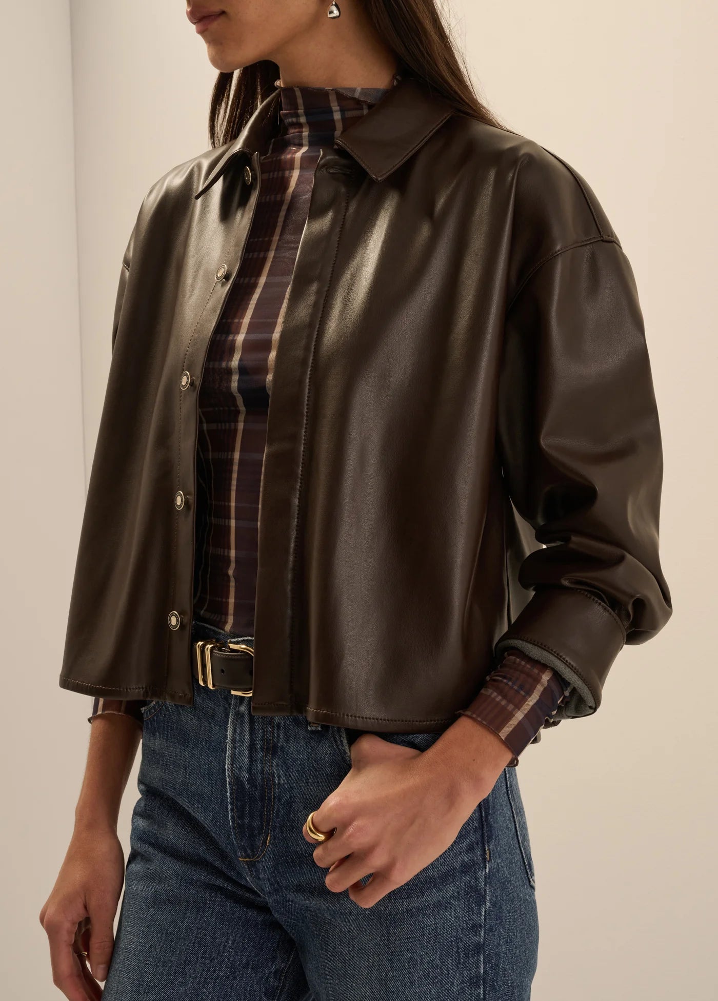 Favorite Daughter- The Vegan Leather Cropped Brady Shirt- Espresso