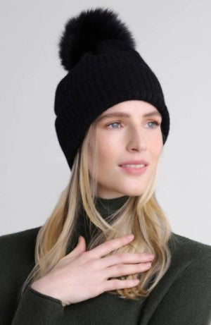 Alashan - 100% Cashmere Luxe Ribbed Fox Pompom Hat - Black