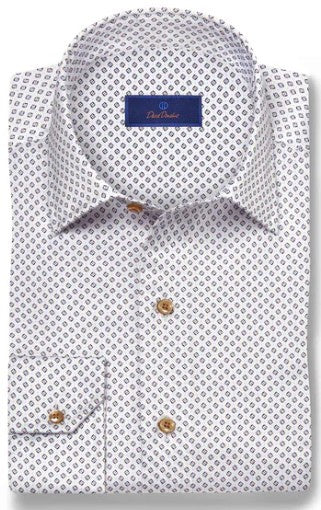 David Donahue Micro Geometric Print Sport Shirt - White/Choc