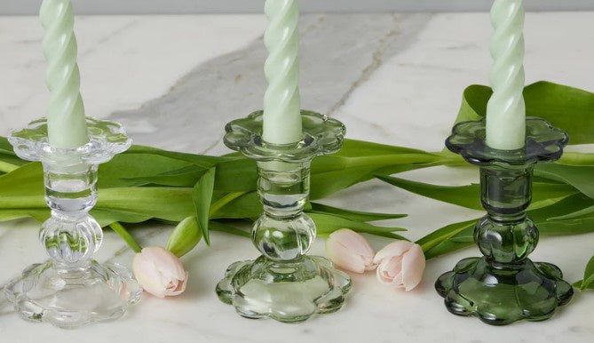 Glass Scalloped Candlesticks - Green - Set of 3