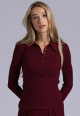 Minnie Rose - Henley Viscose Ribbed Collared - Bordeaux
