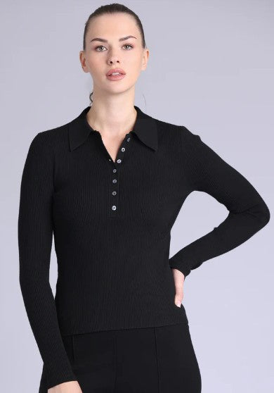Minnie Rose - Henley Viscose Ribbed Collared - Black