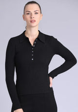 Minnie Rose - Henley Viscose Ribbed Collared - Black