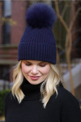 Alashan - 100% Cashmere Luxe Ribbed Fox Pompom Hat - Indigo