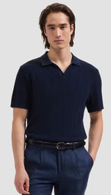 Bugatchi - Textured Stripe Johnny Collar Short-Sleeve Sweater - Navy