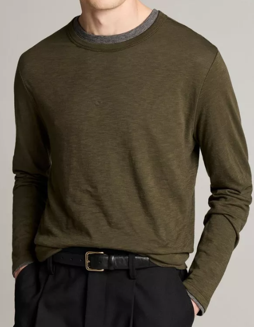 Vince - Slub Pima Cotton Double-Layer L/S T-Shirt - Night Leaf/Grey