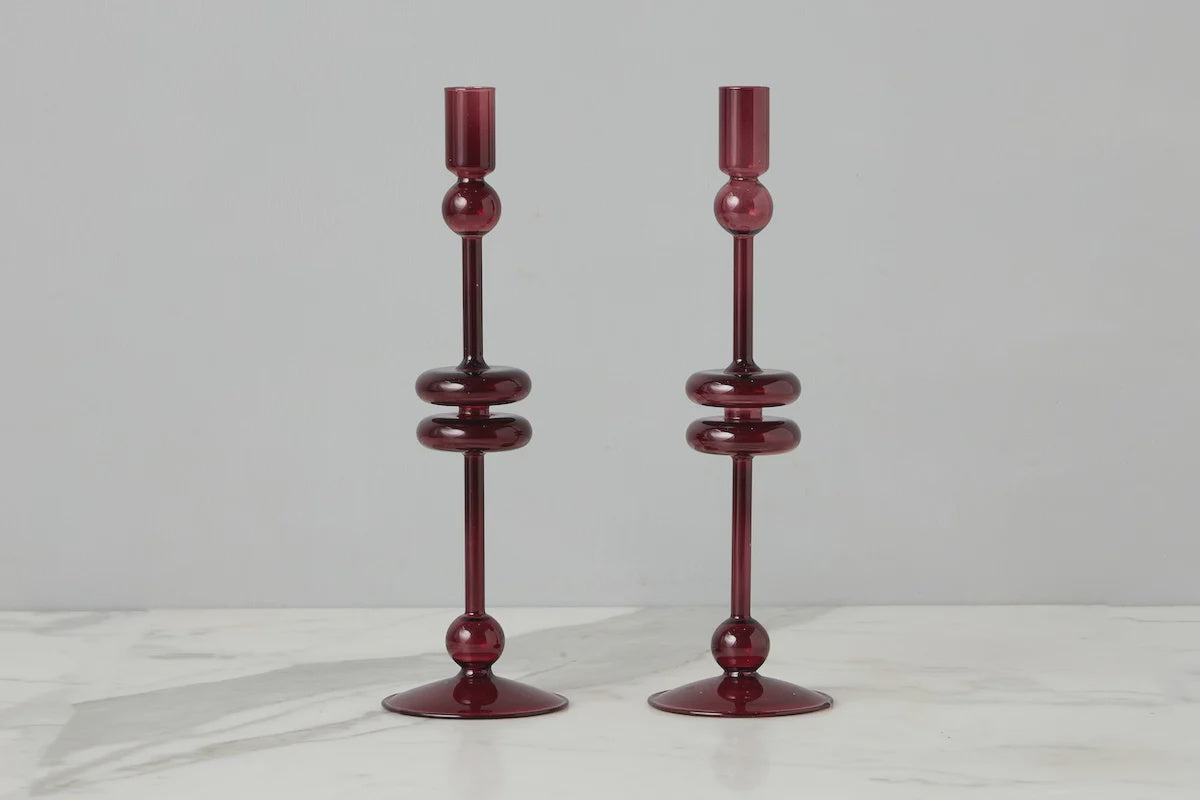 Merlot Glass Candlestick Pair - Large