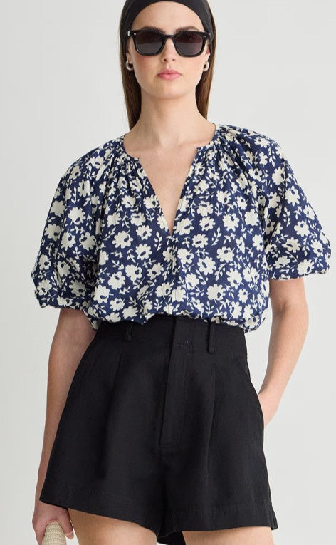 A Piece Apart - Nele Lantern Sleeve Top - Navy Floral Stamp