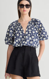 A Piece Apart - Nele Lantern Sleeve Top - Navy Floral Stamp