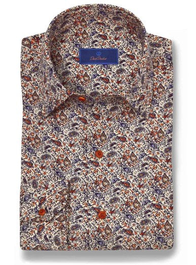 David Donahue - Navy & Pumpkin Paisley Print Sport Shirt