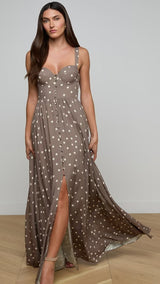 L'AGENCE - Rosette Maxi Dress - Cardamom/Ecru Polka Dot
