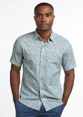 David Donahue - Linen Blend Short Sleeve Shirt - Sage Multi 12401344