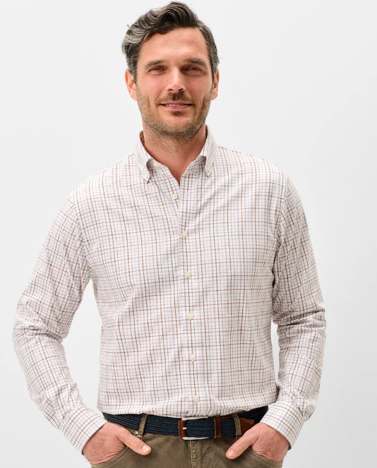 Johnnie O - Everyday Performance Button Down Shirt - Sandlewood Pane - White
