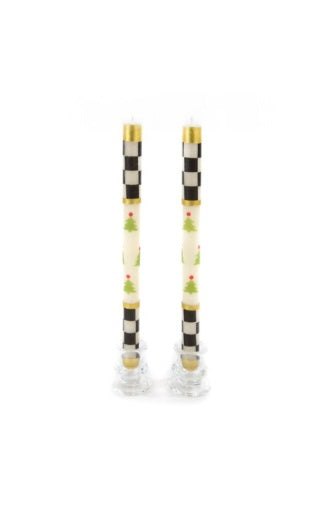 christmas tree dinner candles - check bands - set of 2