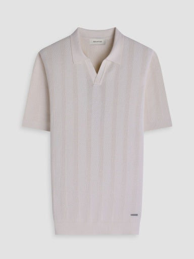 Textured Stripe Johnny Collar Short-Sleeve Sweater - Ivory
