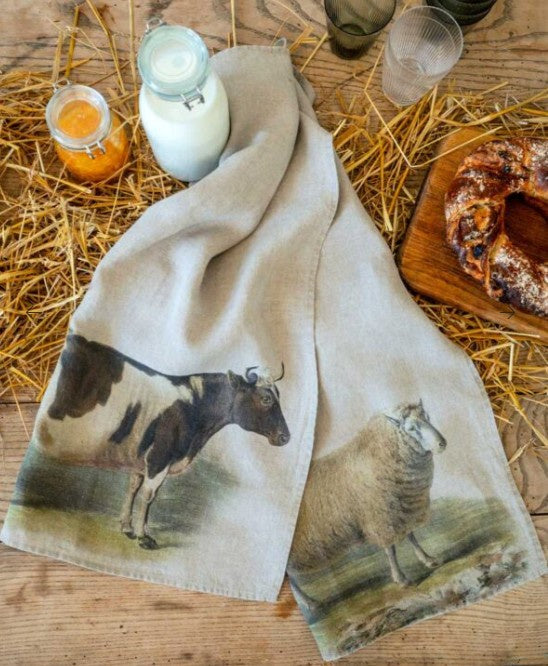 LINOROOM - Pure Natural Linen Kitchen Towel = 16x24" Set/2 - SHEEP & COW