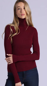 Minnie Rose - Viscose Ribbed Shirred Mock - Bordeaux