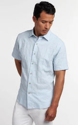 David Donahue - Linen Blend Jacquard Short Sleeve Shirt - Sky