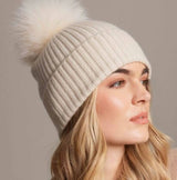 Alashan - 100% Cashmere Luxe Ribbed Fox Pompom Hat - Snow