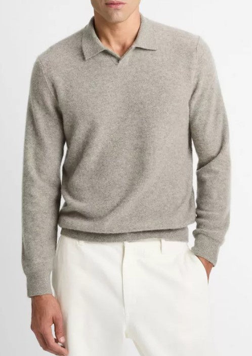 Vince - Plush Cashmere Johnny-Collar Polo - Heather Mouse