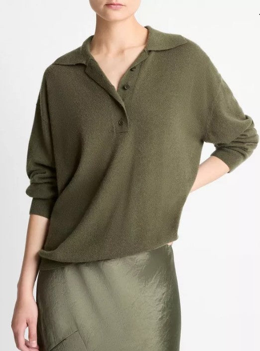 Vince - Cashmere-Silk Wide-Placket Polo Sweater - Herba