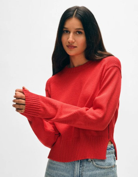 White + Warren - Soft Cotton Rib Trim Sweatshirt - Poppy/Navy