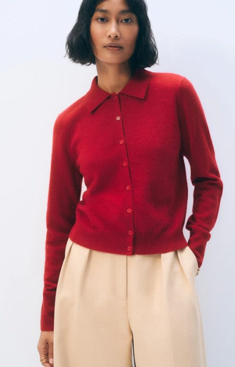 White+Warren - Cashmere Collared Cardigan - Red