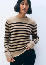 “White + Warren - Cashmere Striped Crewneck - Black/Khaki